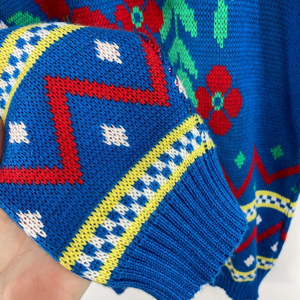 VTG 80s Keneth Too Blue Large Floral Long Sleeve Mock Neck Sweater Womens Medium - Picture 4 of 9
